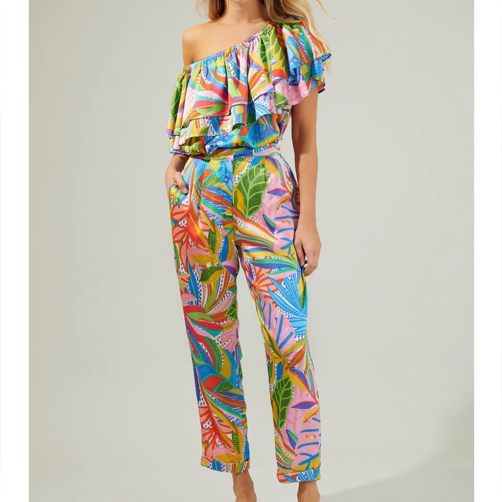 Sugarlips New Guinea Tropical One Shoulder Top Pants Multicolor Silky Set Medium